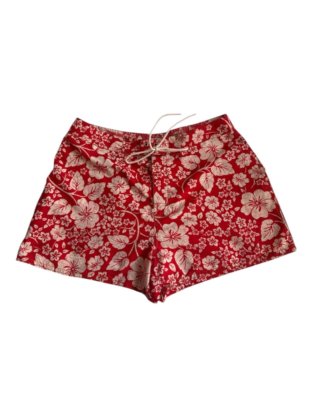 VTG Ocean Gear Red Floral High-Waist Shorts with Drawstring  swimwear back pocke